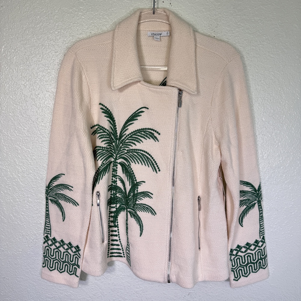 Chico's Sweater Jacket Womens Large Palm Tree Embroidered Moto Zip Pockets NEW